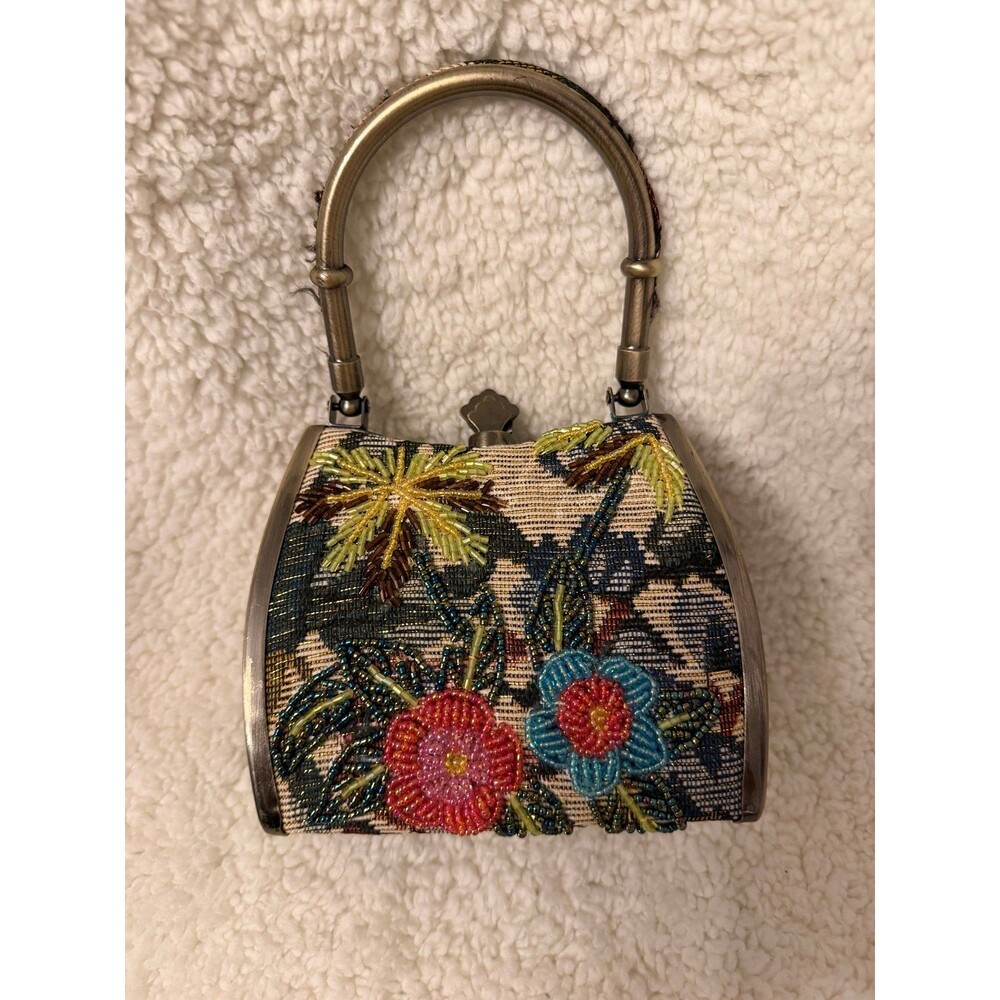 Beaded Floral Tapestry Mini Handbag Metal Frame Evening Purse